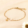Bracelet acier inoxydable feuille ginkgo perle d’eau douce blanc