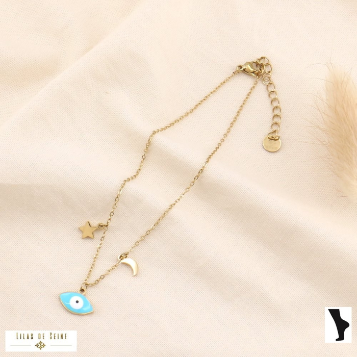 Chaîne de cheville en acier inoxydable doré avec œil en émail 0223141 bleu Chaîne de cheville en acier inoxydable doré avec œil en émail 0223141 bleu