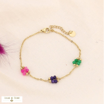 Bracelet acier inoxydable fleurs pierre naturelle 0223555 multi