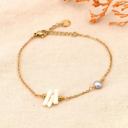 Bracelet acier inoxydable tiges nacre perle d’eau douce 0224057 gris clair