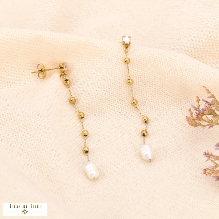 Boucles d’oreilles pendantes acier inoxydable strass perle d’eau douce 0324011 blanc Boucles d’oreilles pendantes acier inoxydable strass perle d’eau douce 0324011 blanc