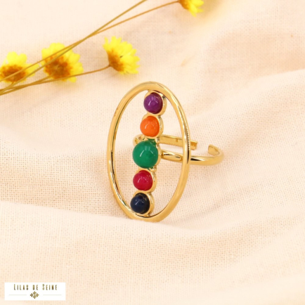 Bague ajustable acier inoxydable cabochons pierre naturelle 0423504 multi