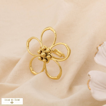 Bague oversize fleur acier inoxydable 0425041 doré