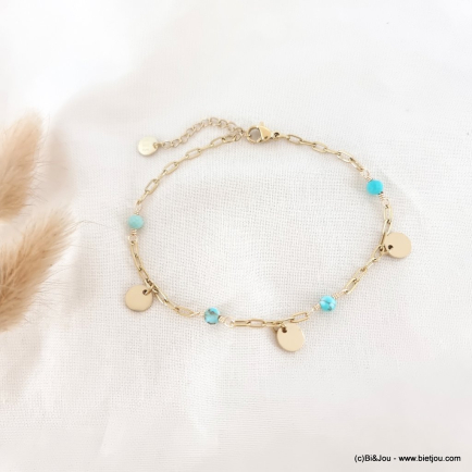 Bracelet fin acier inoxydable pampilles dorées billes pierre 0223089 bleu turquoise