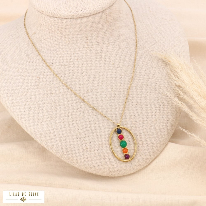 Collier acier inoxydable pendentif ovale cabochons pierre 0123529 multi Collier acier inoxydable pendentif ovale cabochons pierre 0123529 multi