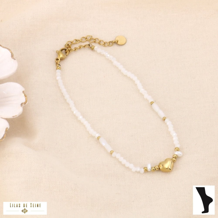 Chaîne de cheville perles acryliques breloque cœur acier inoxydable 0224042 blanc Chaîne de cheville perles acryliques breloque cœur acier inoxydable 0224042 blanc
