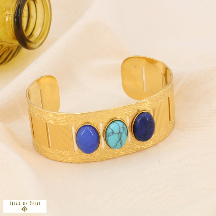 Bracelet jonc large acier inoxydable cabochons pierre 0224016 bleu turquoise Bracelet jonc large acier inoxydable cabochons pierre 0224016 bleu turquoise