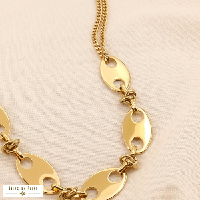 Collier double-chaîne maillons grains de café acier inoxydable 0124552 doré
