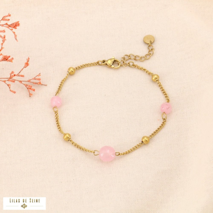 Bracelet chaîne gourmette acier inoxydable pierres naturelles 0224078 rose Bracelet chaîne gourmette acier inoxydable pierres naturelles 0224078 rose