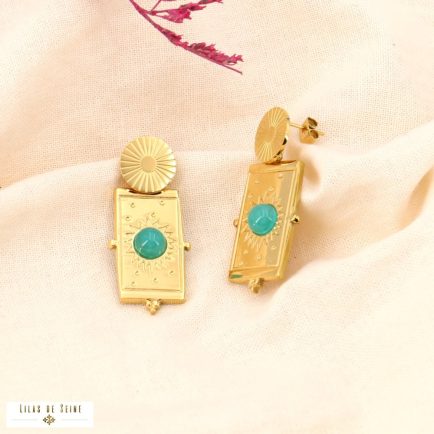 Boucles d’oreilles pendentif  acier inoxydable cabochon pierre 0324058 vert aqua