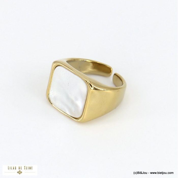 Bague ouverte carrée acier inoxydable nacre 0422504 blanc Bague ouverte carrée acier inoxydable nacre 0422504 blanc