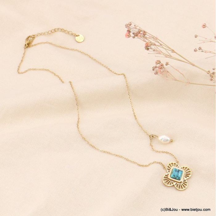 Collier fleur acier inoxydable cabochon 0123112 bleu turquoise