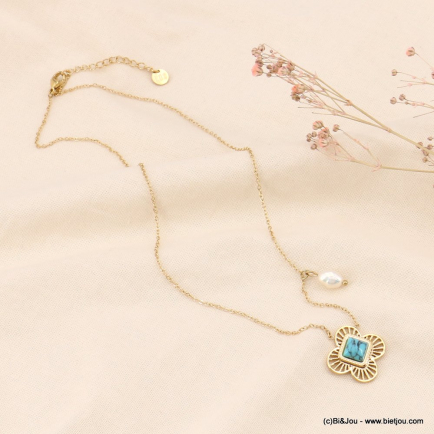 Collier fleur acier inoxydable cabochon 0123112 bleu turquoise