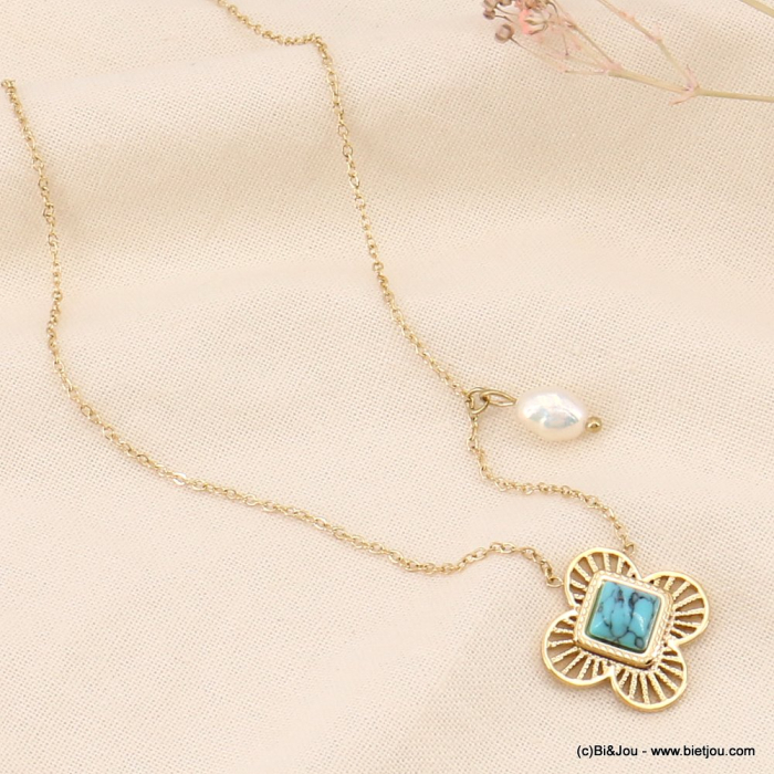 Collier fleur acier inoxydable cabochon 0123112 bleu turquoise