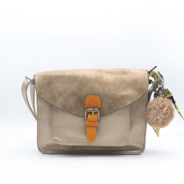 Sac à bandoulière cartable Flora&Co simili-cuir souple rabat scintillant boule de poil foulard femme 0922050 taupe métal
