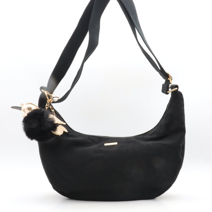 Sac porté épaule style banane Flora&Co simili-cuir velours côtelé pompon 0925507 noir