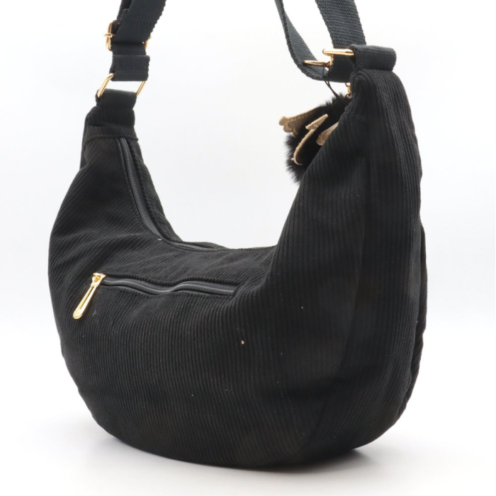 Sac porté épaule style banane Flora&Co simili-cuir velours côtelé pompon 0925507 noir