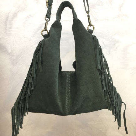 Sac porté épaule cuir véritable daim suède franges 0925509 vert kaki