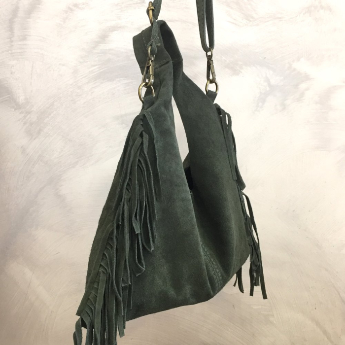 Sac porté épaule cuir véritable daim suède franges 0925509 vert kaki
