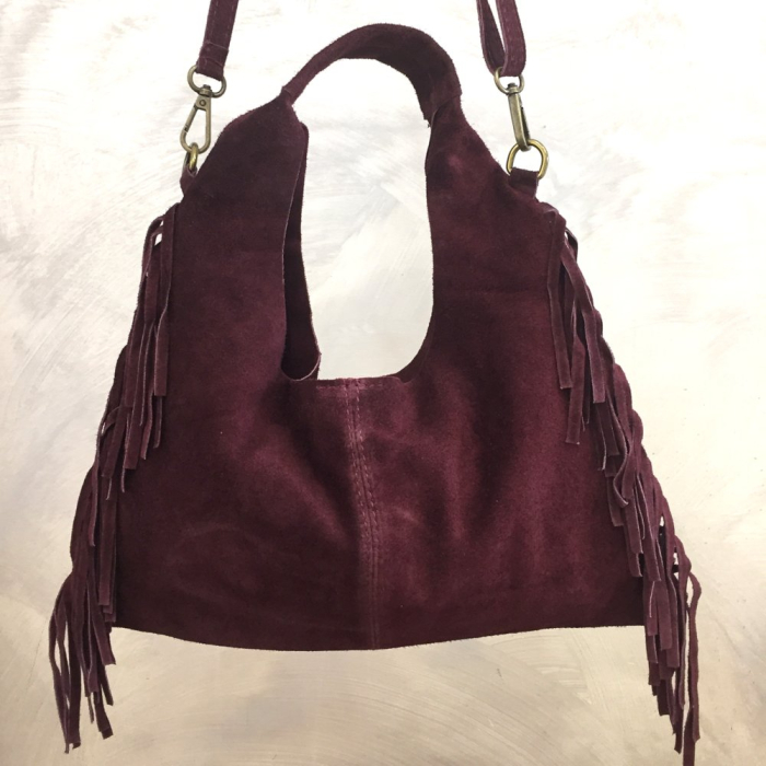 Sac porté épaule cuir véritable daim suède franges 0925509 rouge bordeaux Sac porté épaule cuir véritable daim suède franges 0925509 rouge bordeaux