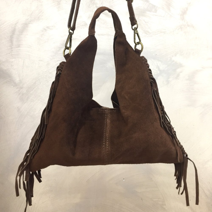 Sac porté épaule cuir véritable daim suède franges 0925509 marron foncé