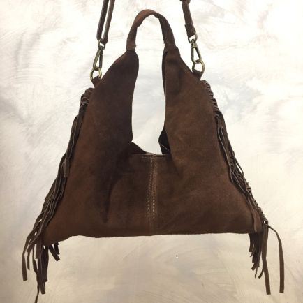 Sac porté épaule cuir véritable daim suède franges 0925509 marron foncé