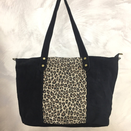 Cabas cuir véritable daim suède léopard 0925511 noir