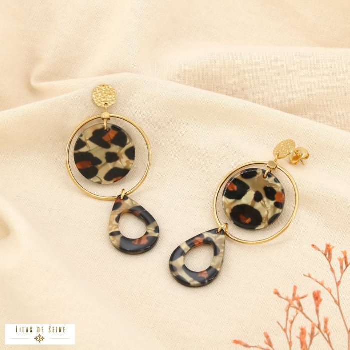 Boucles d’oreilles pendantes acier inoxydable résine léopard 0325562 marron Boucles d’oreilles pendantes acier inoxydable résine léopard 0325562 marron