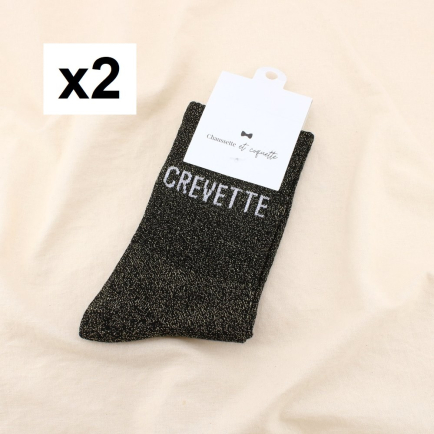 2 paires chaussettes à paillettes message CREVETTE 0625090 noir