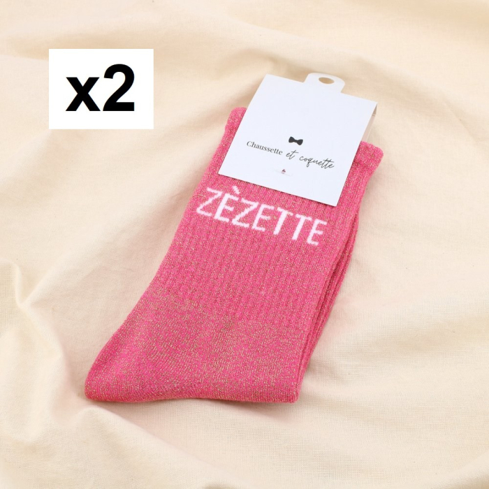 2 paires de chaussettes pailletées à message “ZÉZETTE” 0625540 rose 2 paires de chaussettes pailletées à message “ZÉZETTE” 0625540 rose