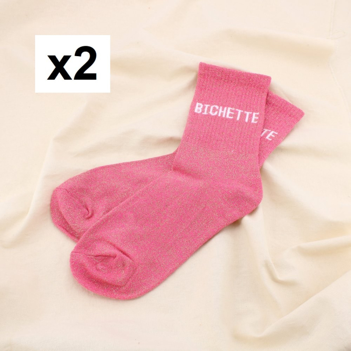 2 paires de chaussettes pailletées à message “BICHETTE” 0625542 rose 2 paires de chaussettes pailletées à message “BICHETTE” 0625542 rose