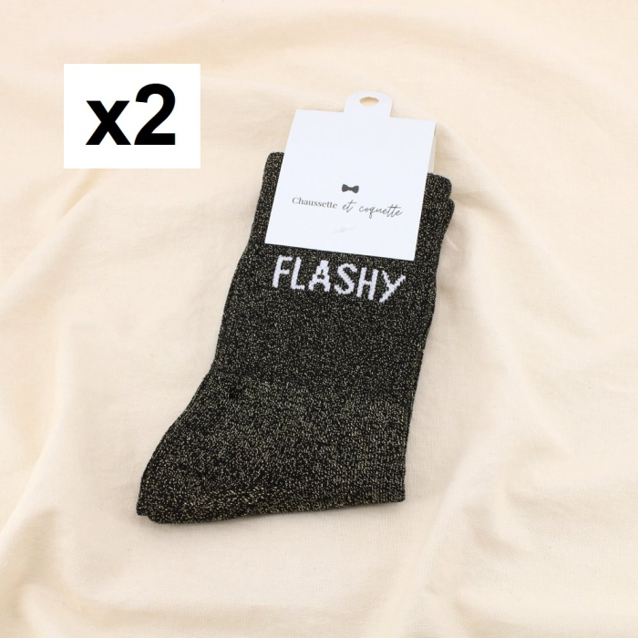 2 paires de chaussettes pailletées à message “FLASHY” 0625546 noir 2 paires de chaussettes pailletées à message “FLASHY” 0625546 noir