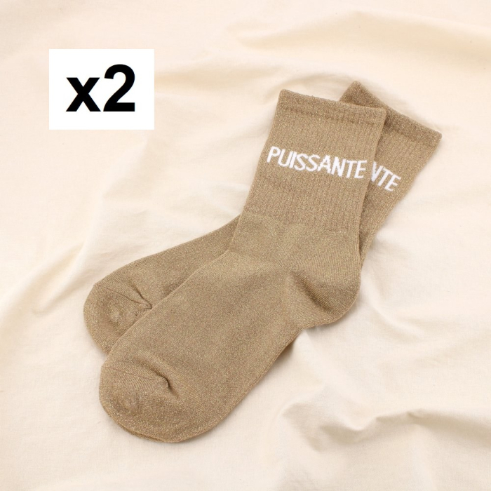 2 paires chaussettes à paillettes message PUISSANTE 0625551 naturel/beige 2 paires chaussettes à paillettes message PUISSANTE 0625551 naturel/beige
