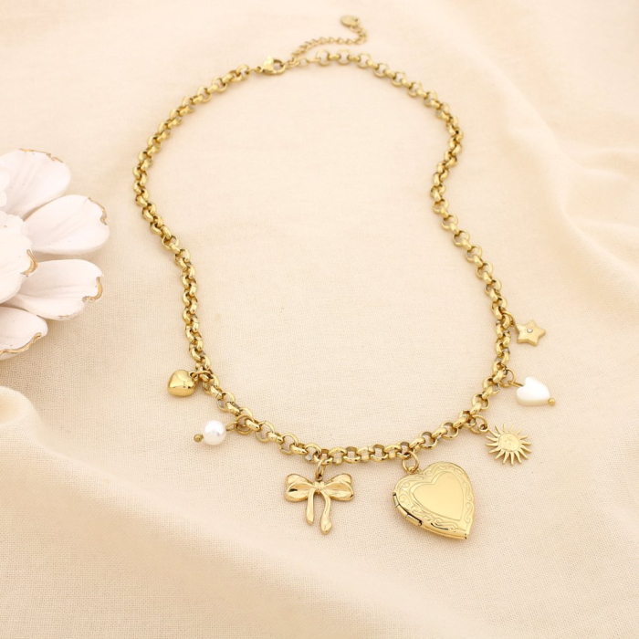Collier acier breloque nacre perle cœur soleil 0125576 doré Collier acier breloque nacre perle cœur soleil 0125576 doré