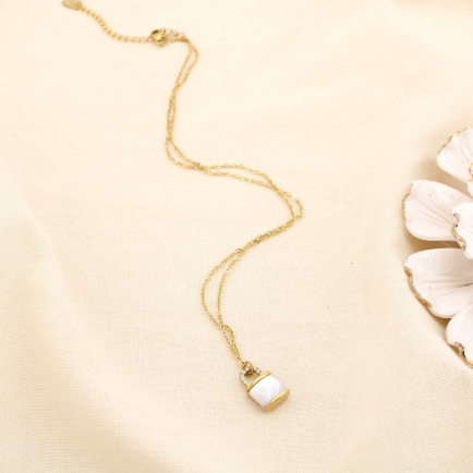 Collier cadenas acier inoxydable nacre strass 0125579 doré