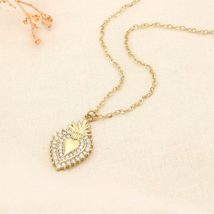 Collier acier inoxydable strass pendentif cœur sacré 0125580 doré