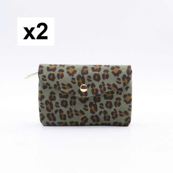 Porte-monnaie X2 motif léopard Flora&Co polyester velours 0925537 vert kaki