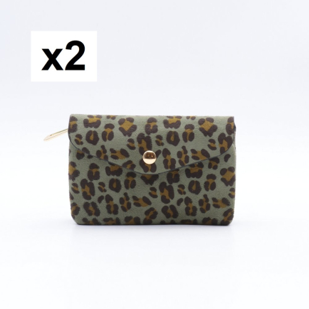 Porte-monnaie X2 motif léopard Flora&Co polyester velours 0925537 vert kaki