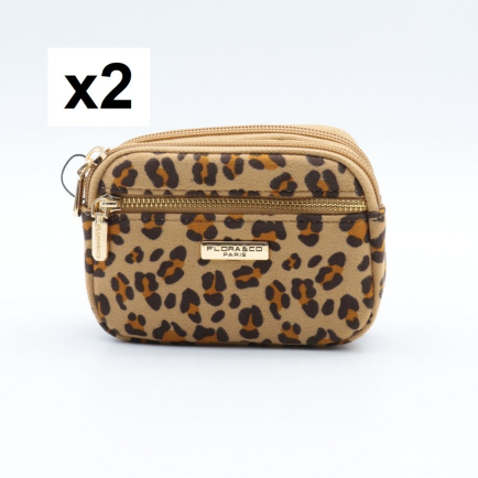 Porte-monnaie X2 motif léopard Flora&Co polyester velours 0925535 naturel/beige