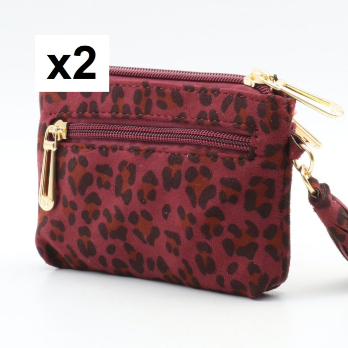 Porte-monnaie X2 léopard pompon Flora&Co polyester velours 0925533 rouge bordeaux