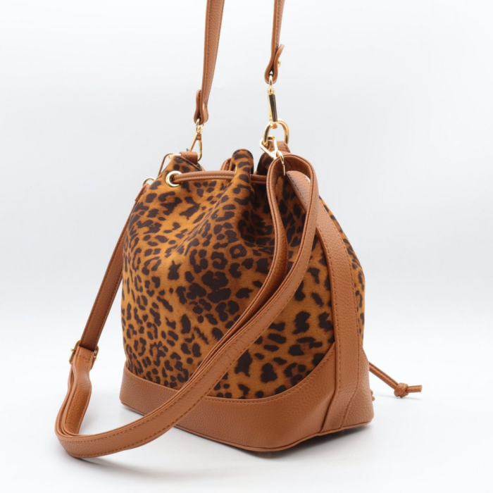 Sac à main seau motif léopard Flora&Co polyester velours simili cuir grainé 0925529 cognac