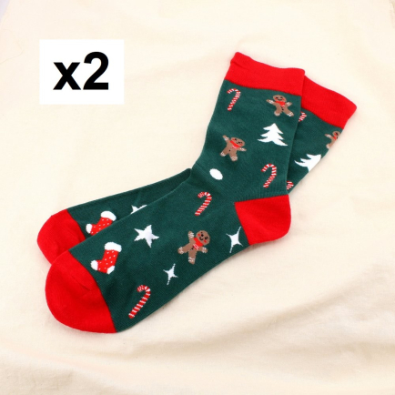 2 Paires de Chaussettes de Noël Bonhomme Pain d’Épice Sucres d’Orge Sapins 0625528 vert foncé