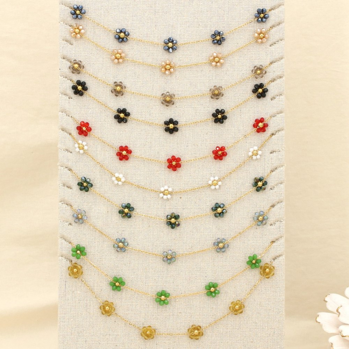 Ensemble 10 Colliers Acier Fleurs Cristal Facetté Acrylique 0125611 multi