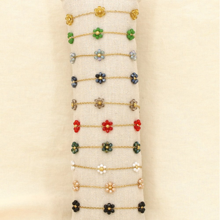 Ensemble 10 Bracelets Acier Inoxydable Fleurs Cristal Facetté Acrylique 0225608 multi
