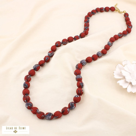 Sautoir Billes Tissu Imprimé Zèbre Acier Inoxydable 0125544 rouge bordeaux