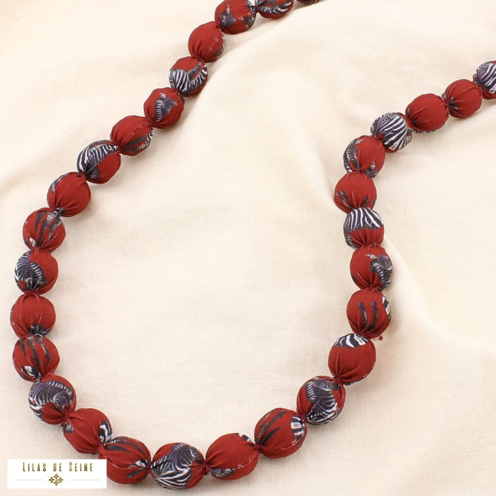 Sautoir Billes Tissu Imprimé Zèbre Acier Inoxydable 0125544 rouge bordeaux