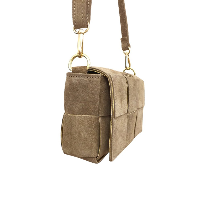 Sac pochette cuir véritable façon daim box tressé 0925028 taupe