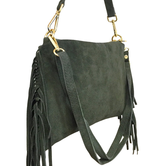 Sac porté épaule cuir véritable daim suède franges 0925510 kaki