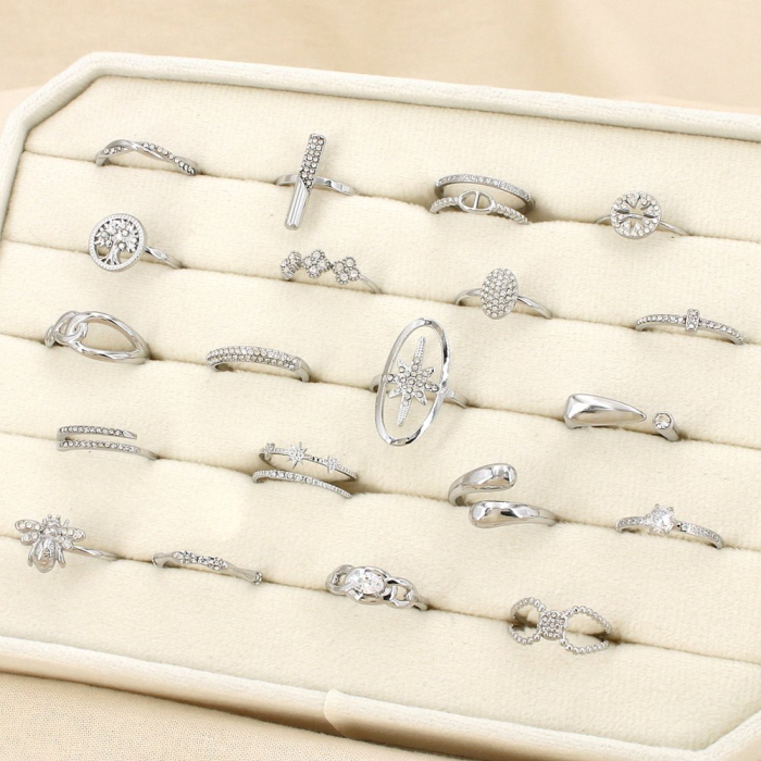 Ensemble 20 bagues acier ouvert argenté strass 0425557 argenté