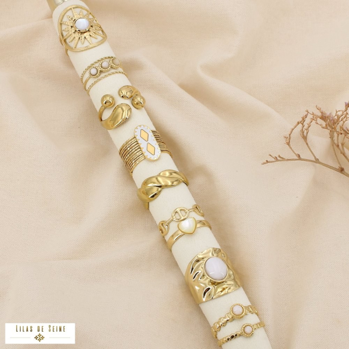 Ensemble 8 bagues acier nacre pierre émail 0425095 blanc